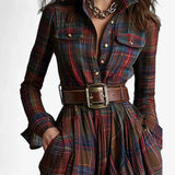 Oona - Women's Plaid Flannel Belted Shirt Maxi Dress