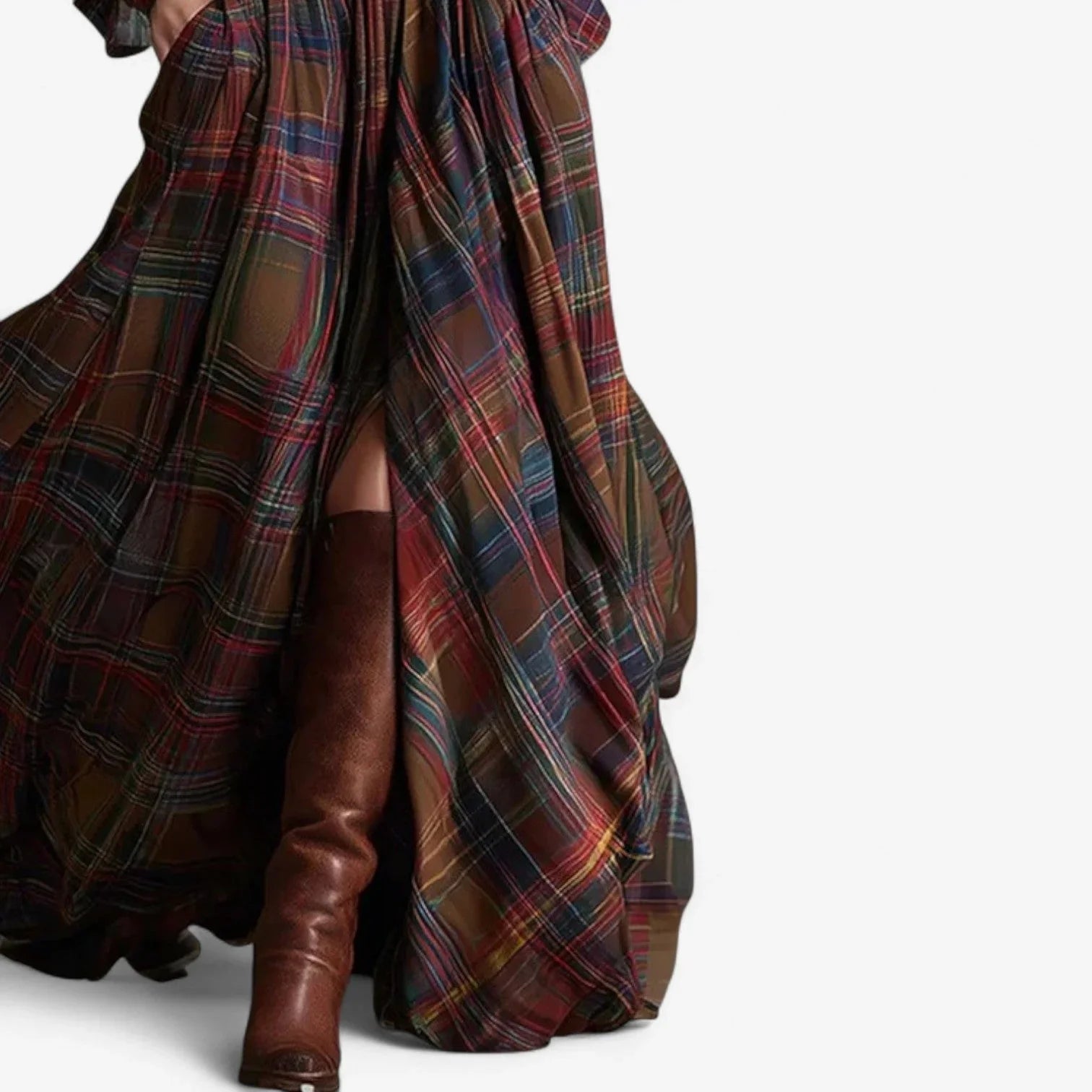 Oona - Women's Plaid Flannel Belted Shirt Maxi Dress