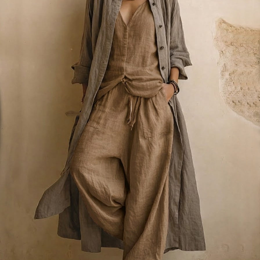 Women's Cotton & Linen 3-Piece Set | Bohemian Cardigan, Top & Trouser Set