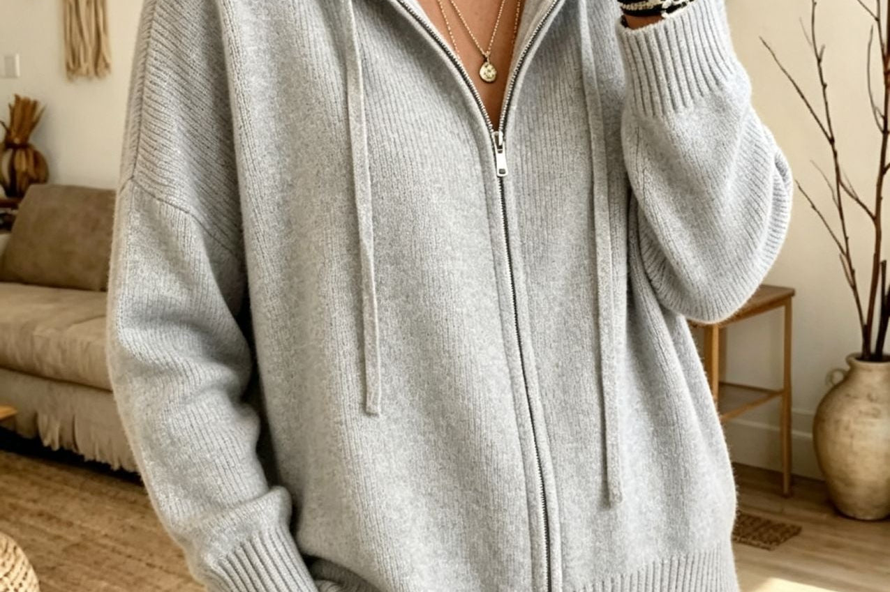 Orna - Women's Chunky Knit Full-Zip Hooded Cardigan - Grey