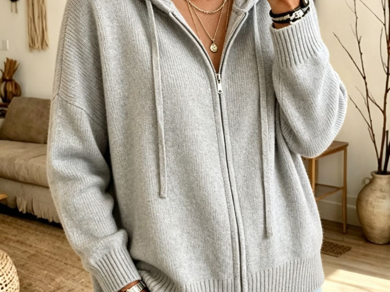 Orna - Women's Chunky Knit Full-Zip Hooded Cardigan - Grey