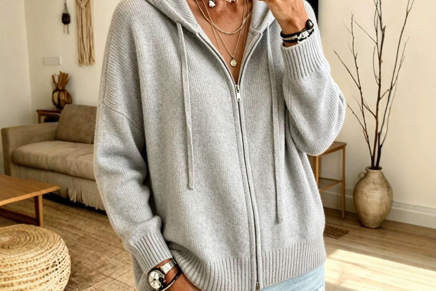 Orna - Women's Chunky Knit Full-Zip Hooded Cardigan