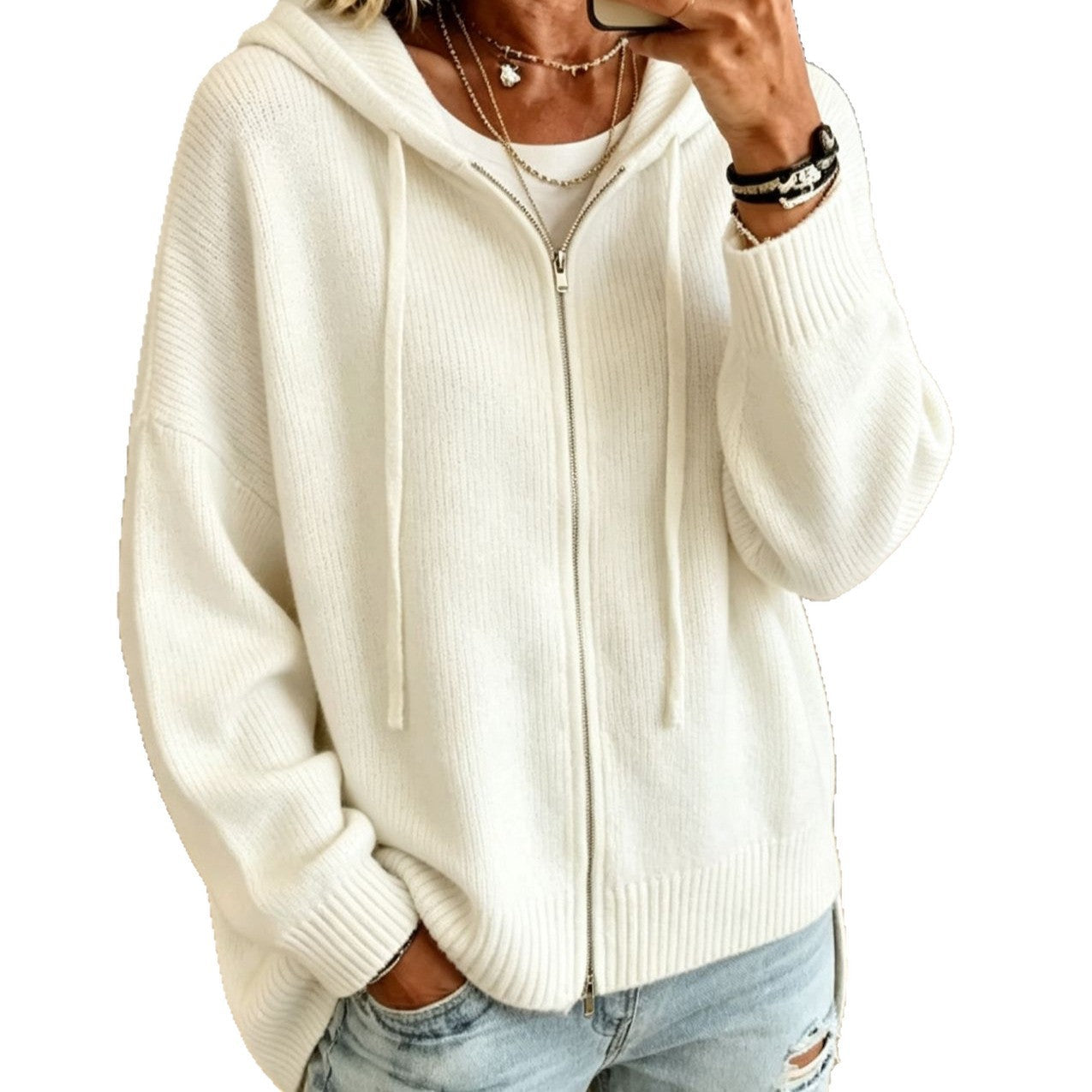 Orna - Women's Chunky Knit Full-Zip Hooded Cardigan