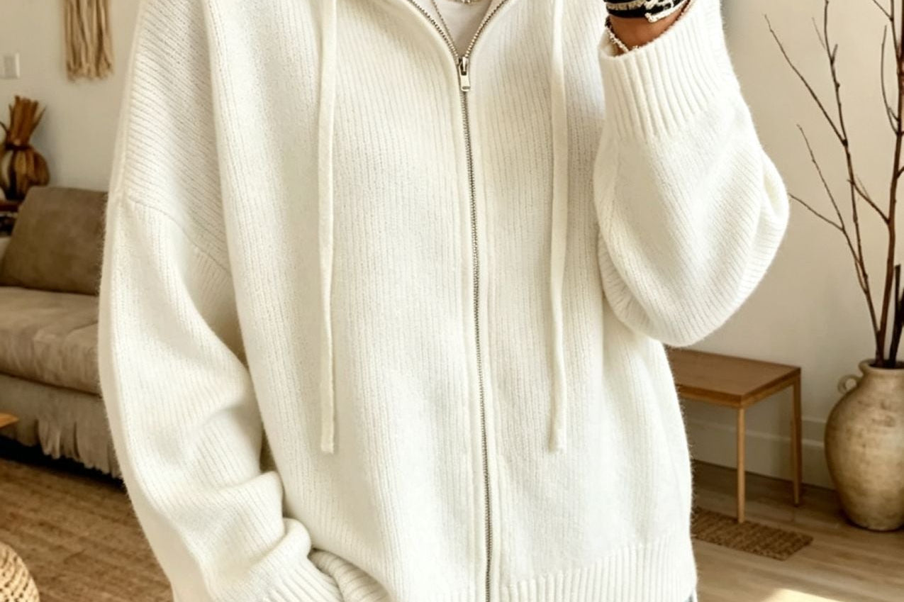 Orna - Women's Chunky Knit Full-Zip Hooded Cardigan - White