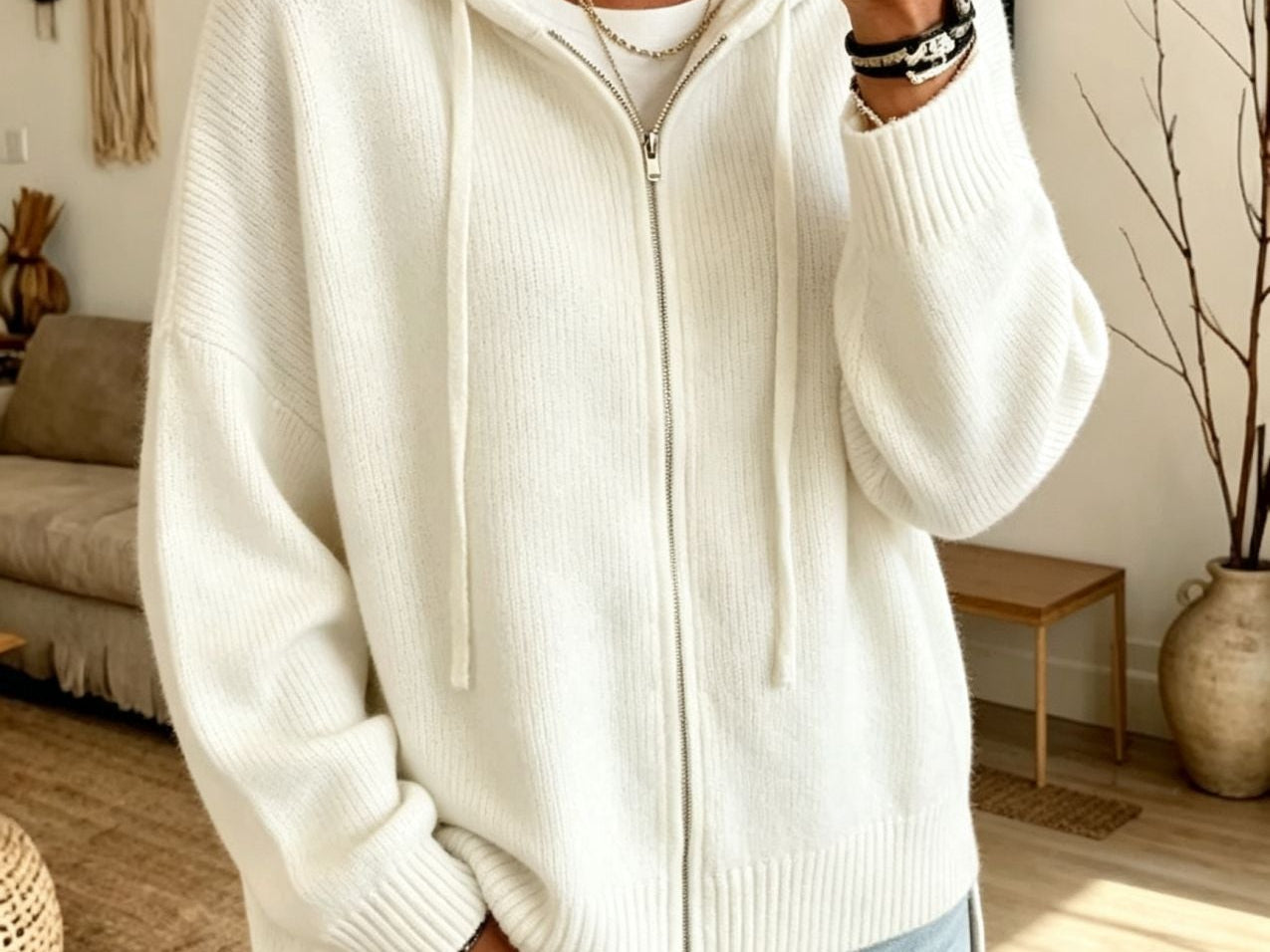 Orna - Women's Chunky Knit Full-Zip Hooded Cardigan - White