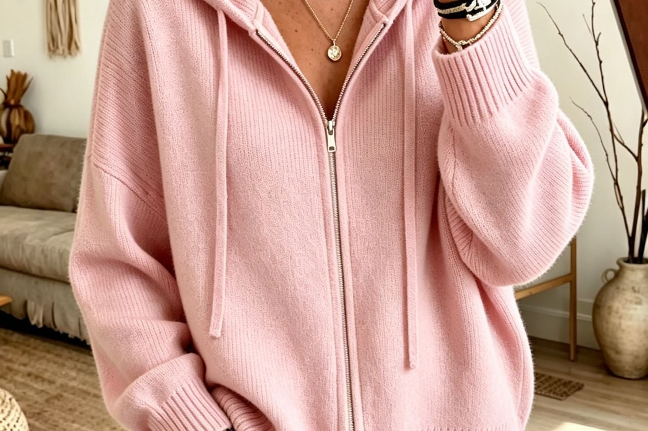 Orna - Women's Chunky Knit Full-Zip Hooded Cardigan - Pink