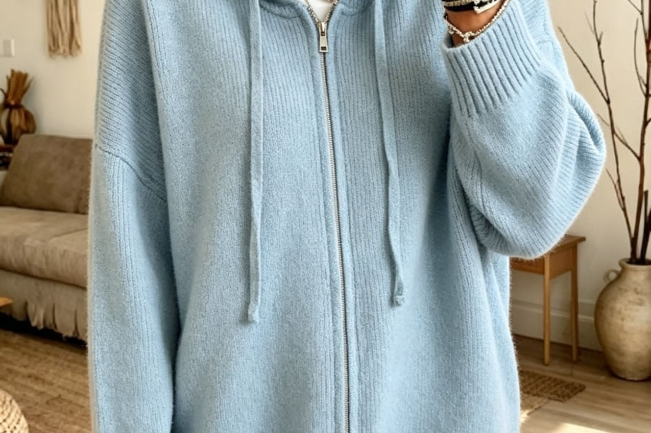 Orna - Women's Chunky Knit Full-Zip Hooded Cardigan - Blue