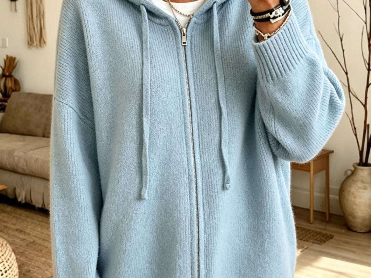 Orna - Women's Chunky Knit Full-Zip Hooded Cardigan - Blue