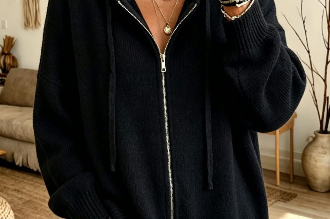 Orna - Women's Chunky Knit Full-Zip Hooded Cardigan - Black