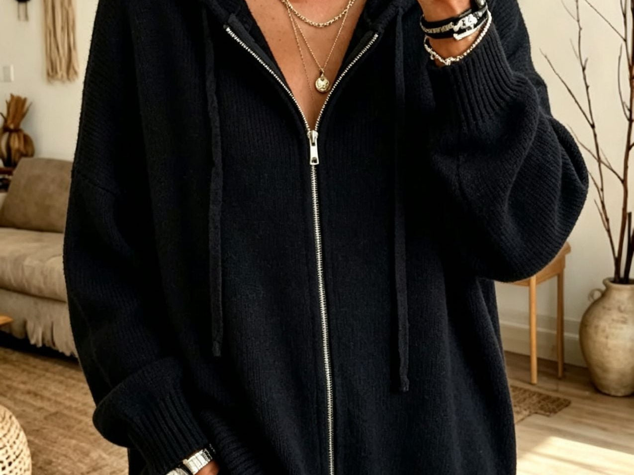 Orna - Women's Chunky Knit Full-Zip Hooded Cardigan - Black