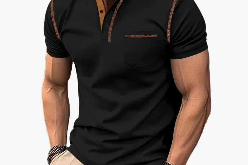 Oscar - Men's Band Collar Knit Polo with Chest Pocket - Black