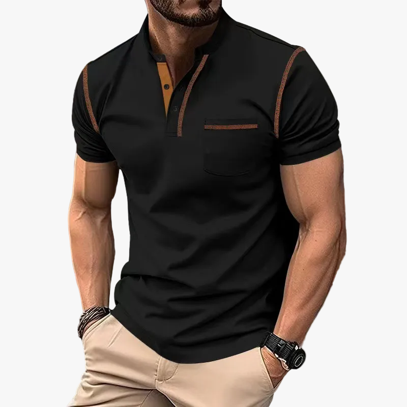 Oscar - Men's Band Collar Knit Polo with Chest Pocket - Black