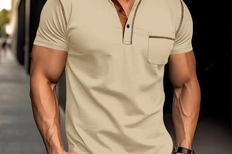 Oscar - Men's Band Collar Knit Polo with Chest Pocket - Beige