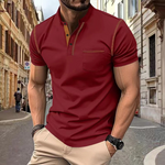 Oscar - Men's Band Collar Knit Polo with Chest Pocket - Red