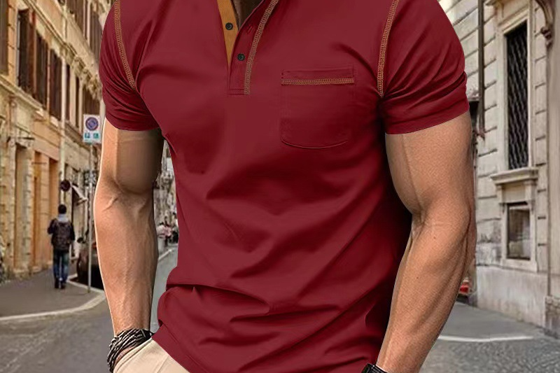 Oscar - Men's Band Collar Knit Polo with Chest Pocket - Red