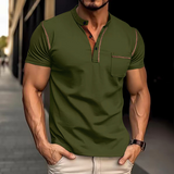 Oscar - Men's Band Collar Knit Polo with Chest Pocket - Dark Green
