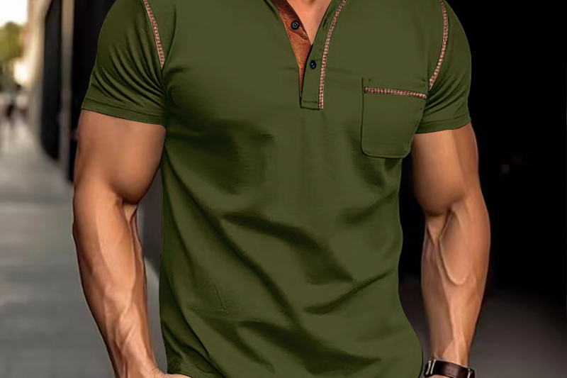 Oscar - Men's Band Collar Knit Polo with Chest Pocket - Dark Green