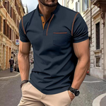 Oscar - Men's Band Collar Knit Polo with Chest Pocket - Dark Blue
