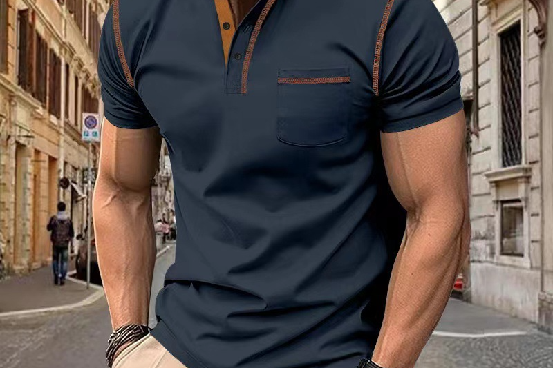 Oscar - Men's Band Collar Knit Polo with Chest Pocket - Dark Blue