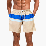 Parker - Men's Striped Swim Shorts with Side Pockets - Beige and Blue