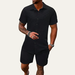 Paul - Men's Printed Shirt and Shorts Beach Set - Black