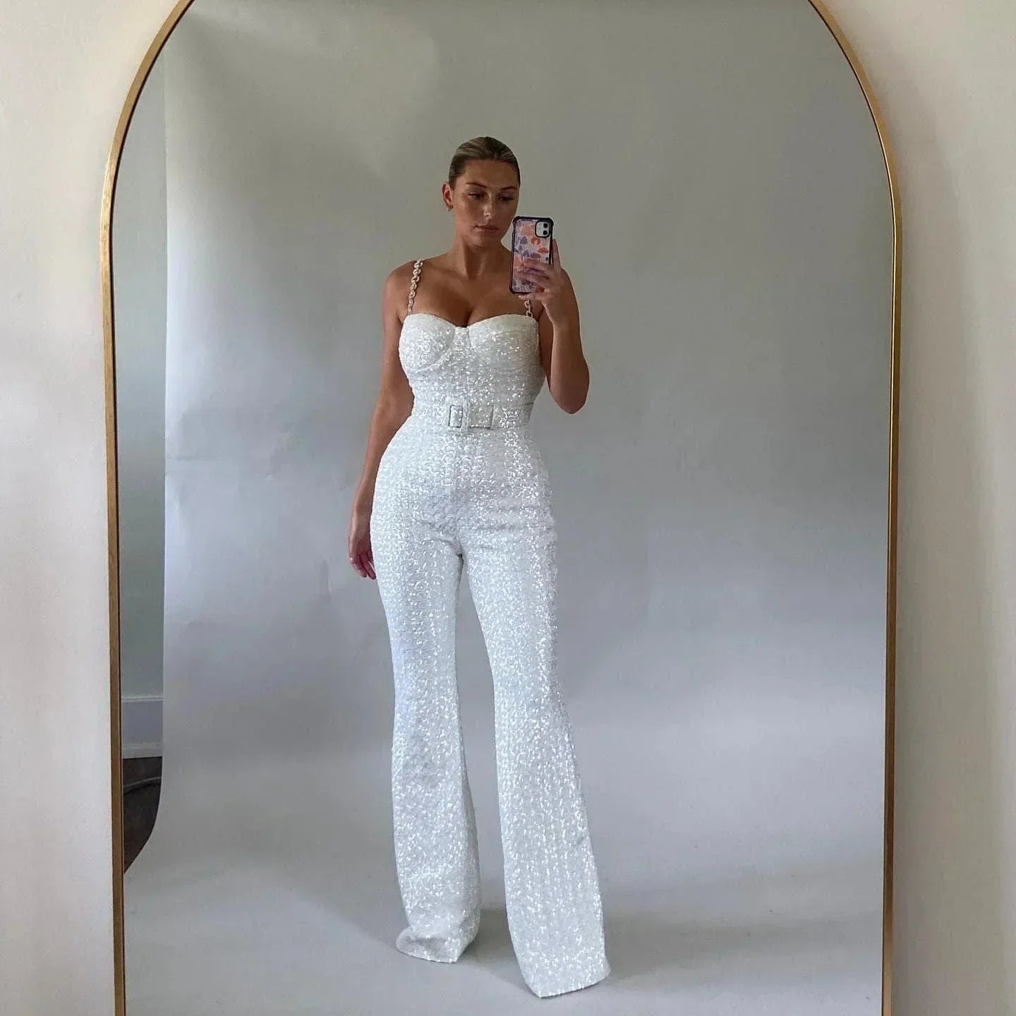 Petronella - Women's Sequin Wide-Leg Jumpsuit - White