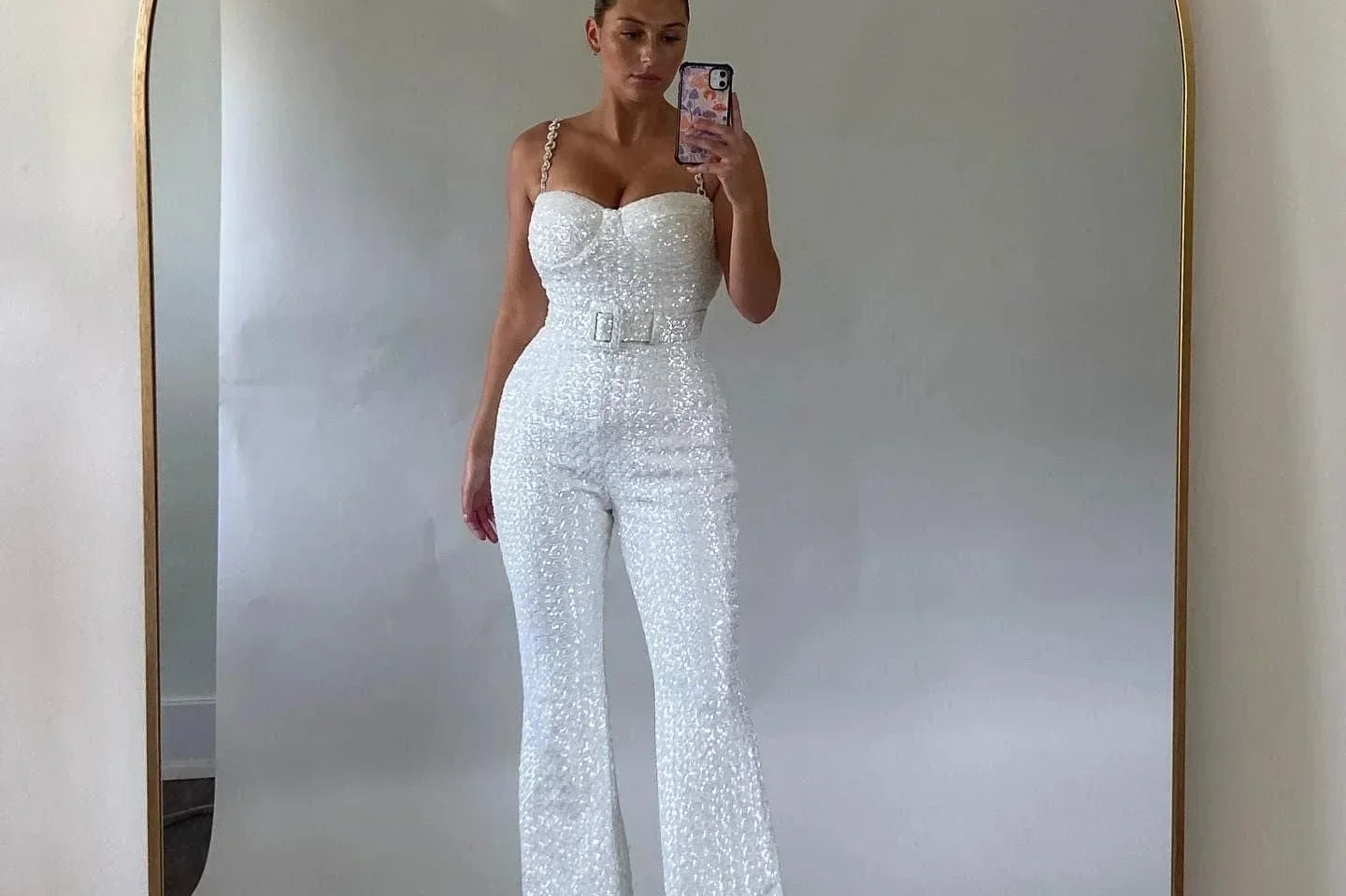 Petronella - Women's Sequin Wide-Leg Jumpsuit - White