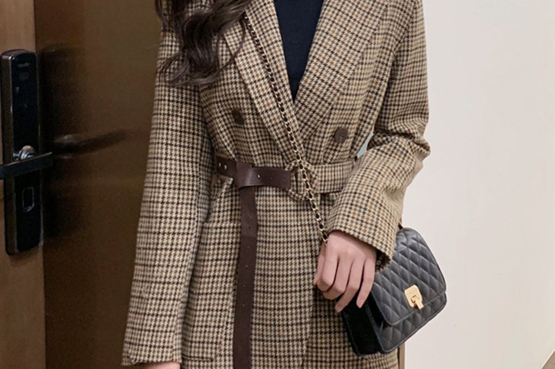 Women's brown houndstooth belted blazer with deep lapels, front view