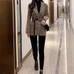 Women's houndstooth blazer with brown waist belt and double-breasted buttons