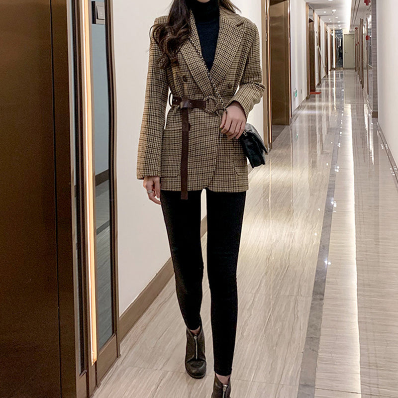 Women's houndstooth blazer with brown waist belt and double-breasted buttons