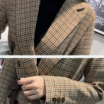 Houndstooth blazer lapel, pocket and belt details