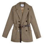 Women's brown houndstooth belted blazer, flat lay