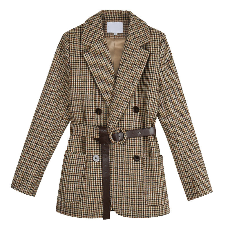 Women's brown houndstooth belted blazer, flat lay