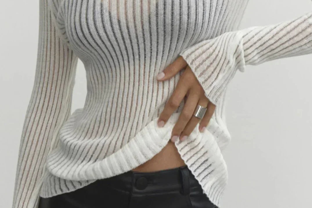 Women's Sheer Ribbed Knit Top | Slim-Fit Long-Sleeve Layering Top