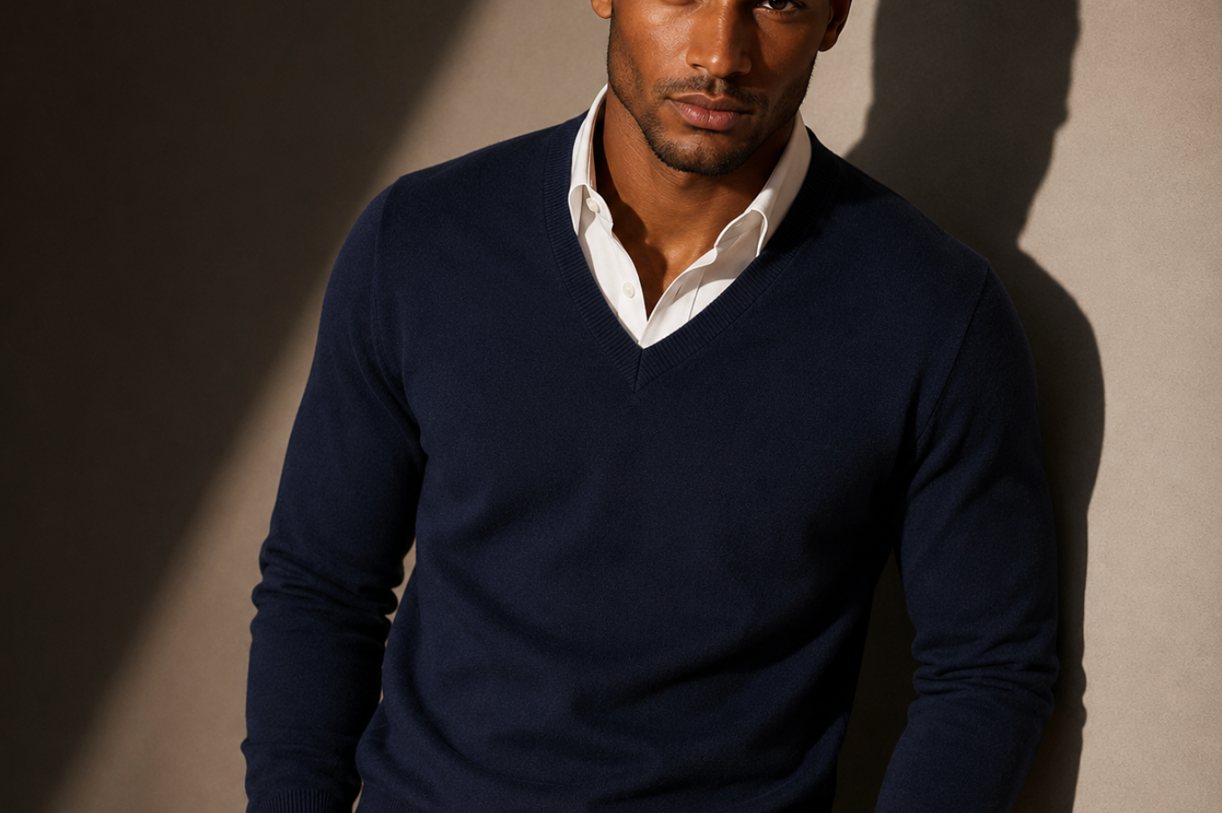 Quentin - Men's Cashmere-Blend V-Neck Jumper - Navy Blue