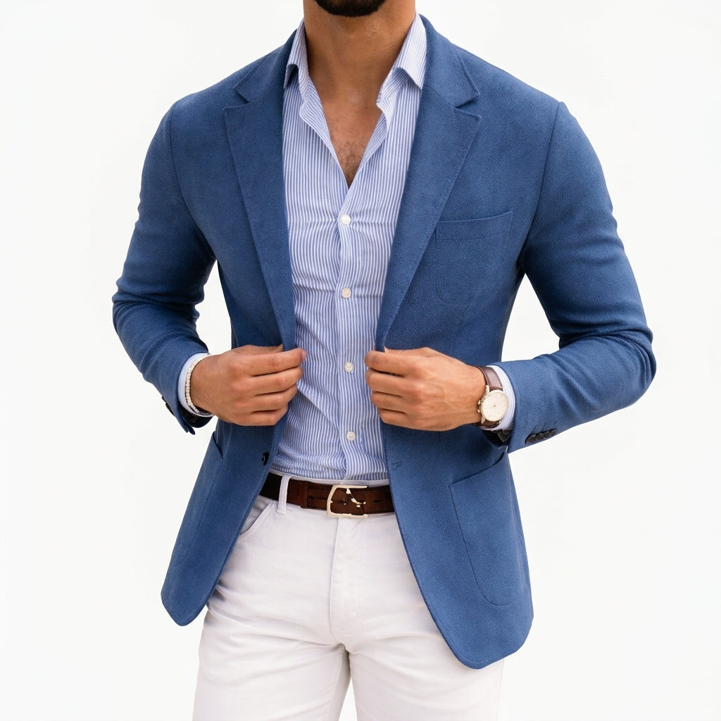 Quincy - Men's Knit Blazer with Notch Lapels and Patch Pockets - Blue