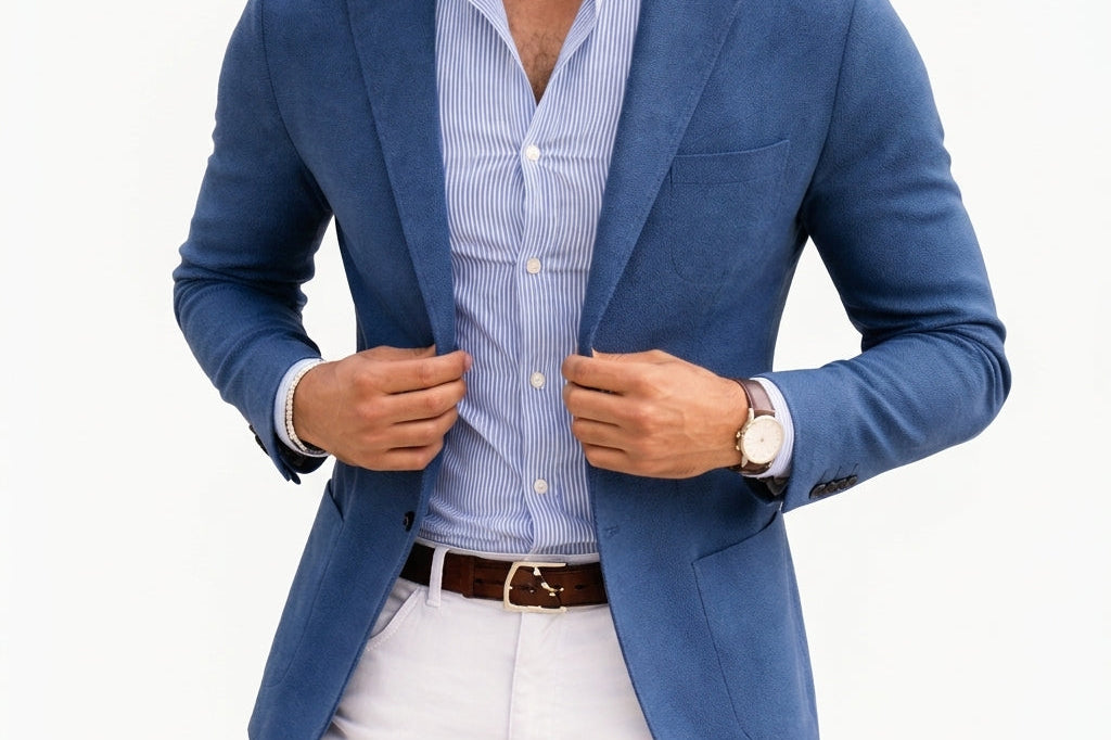 Quincy - Men's Knit Blazer with Notch Lapels and Patch Pockets - Blue