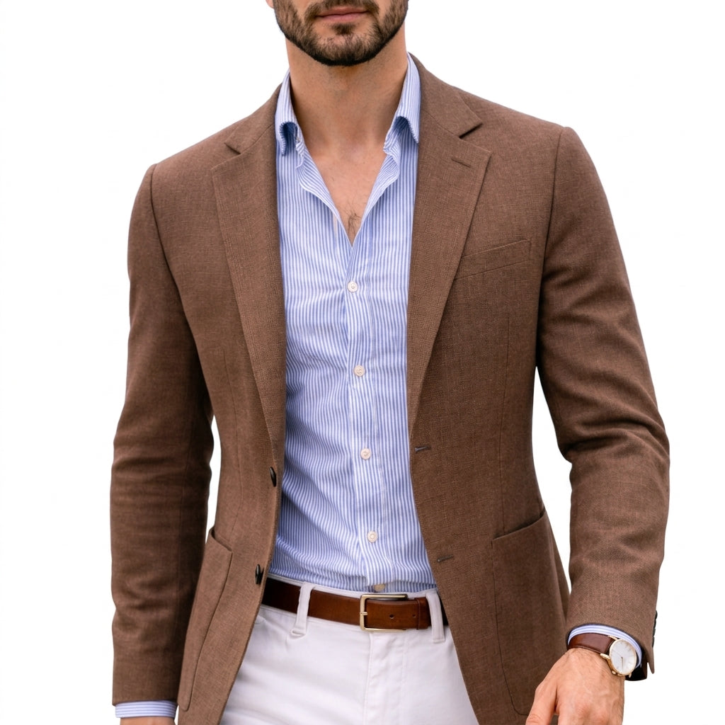 Quincy - Men's Knit Blazer with Notch Lapels and Patch Pockets - Brown