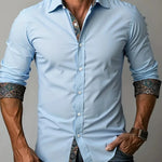Rafe - Men's Tailored Button-Up Shirt with Contrast Collar and Cuffs - Light Blue