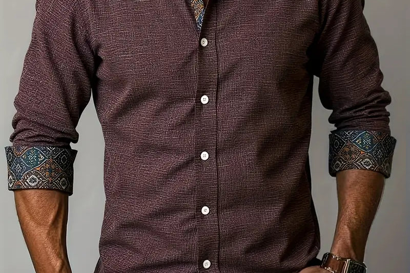 Rafe - Men's Tailored Button-Up Shirt with Contrast Collar and Cuffs - Burgundy
