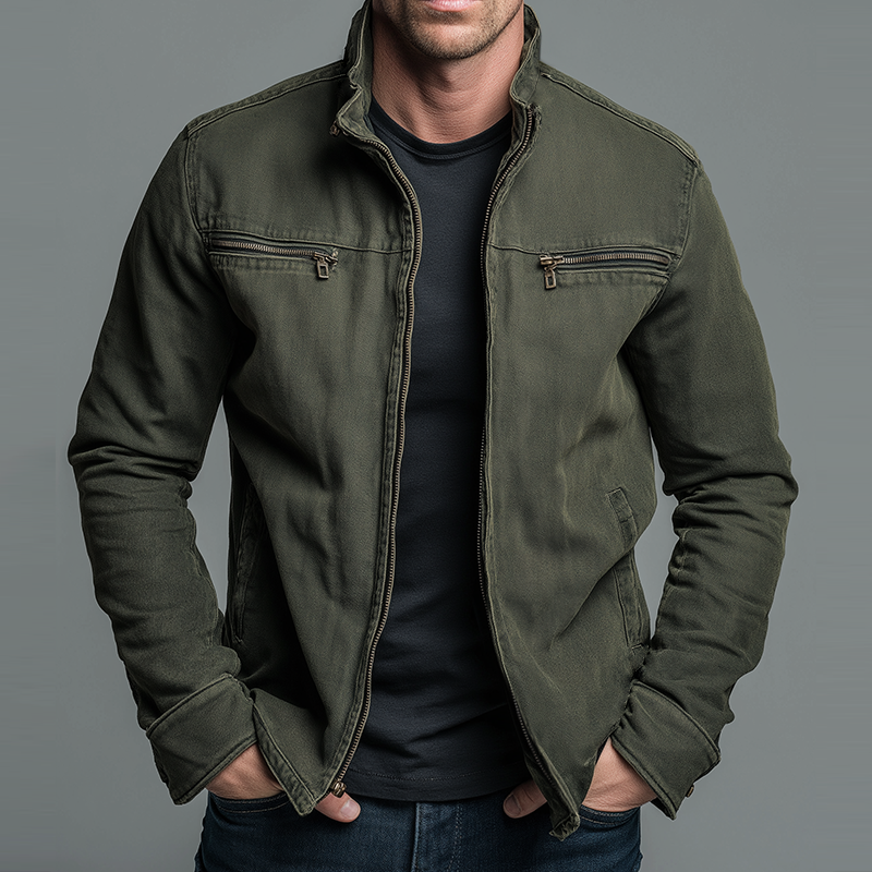 Rafferty - Men's Stand Collar Bomber Jacket with Zip Pockets - Green