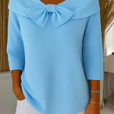 Raine - Women's Fitted Soft Knit Sweater with Bow Detail - Blue