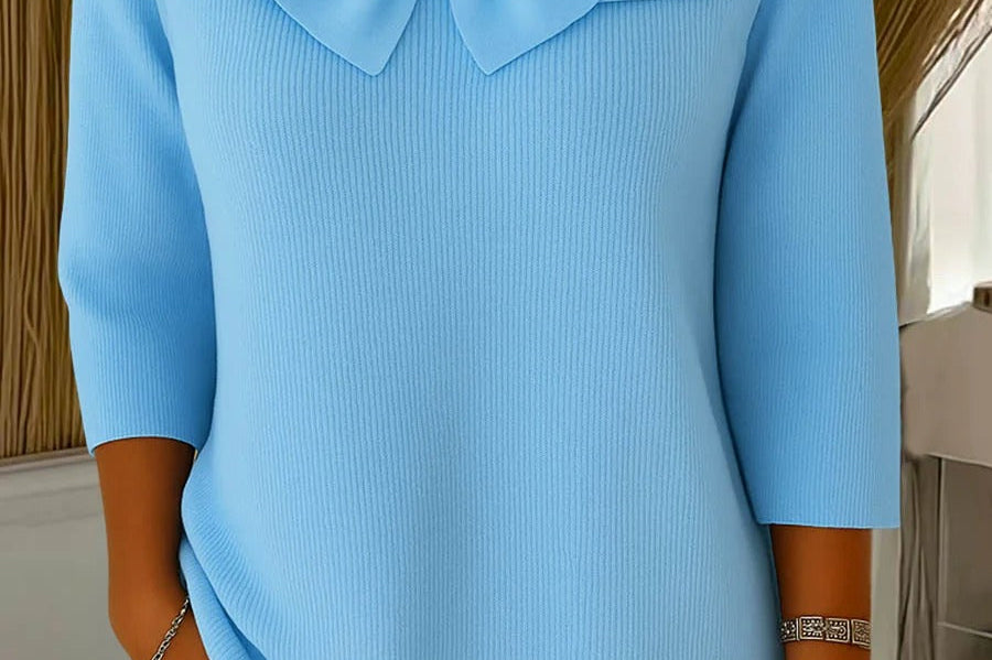 Raine - Women's Fitted Soft Knit Sweater with Bow Detail - Blue