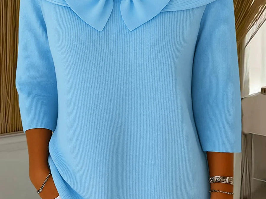 Raine - Women's Fitted Soft Knit Sweater with Bow Detail - Blue