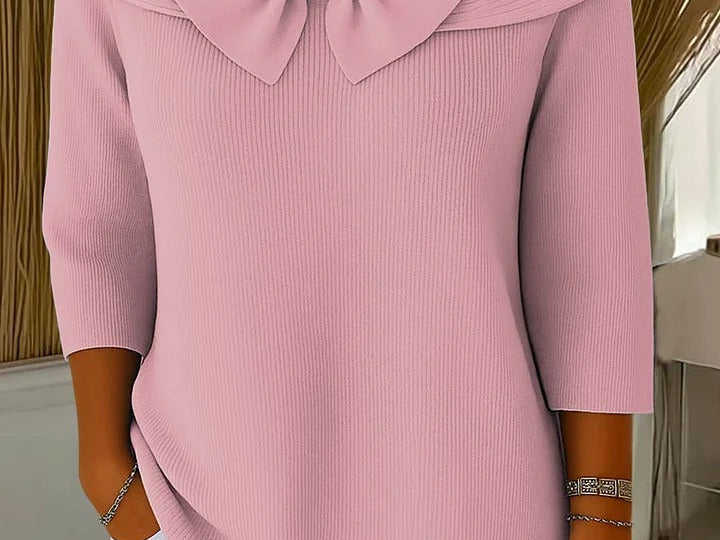 Raine - Women's Fitted Soft Knit Sweater with Bow Detail - Pink