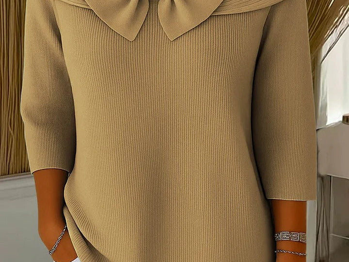 Raine - Women's Fitted Soft Knit Sweater with Bow Detail - Khaki