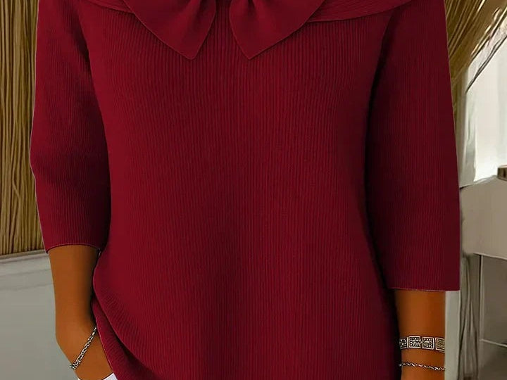 Raine - Women's Fitted Soft Knit Sweater with Bow Detail - Red
