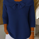 Raine - Women's Fitted Soft Knit Sweater with Bow Detail - Dark Blue