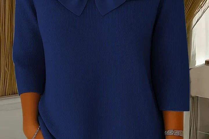Raine - Women's Fitted Soft Knit Sweater with Bow Detail - Dark Blue