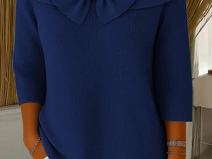 Raine - Women's Fitted Soft Knit Sweater with Bow Detail - Dark Blue